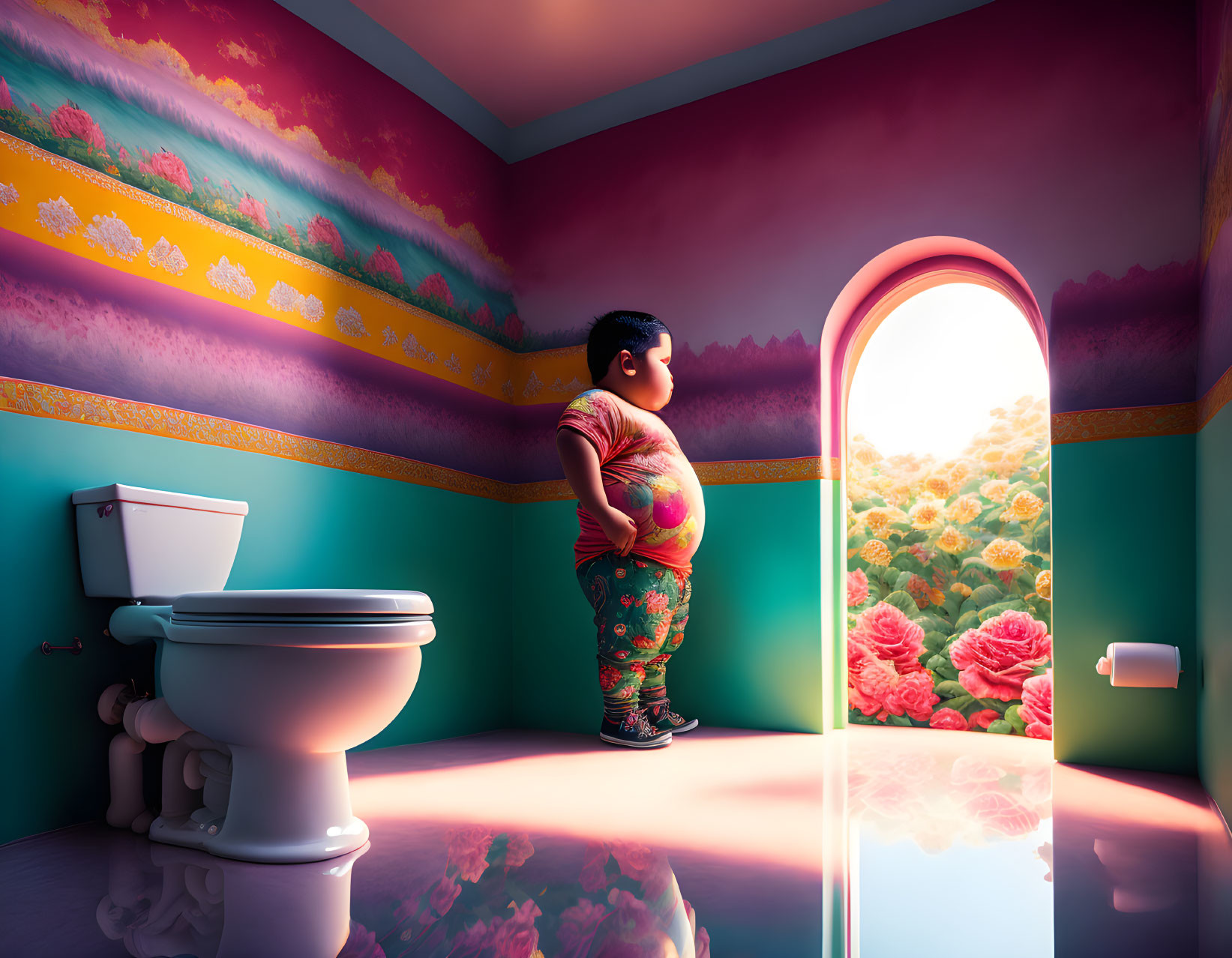 Child in Colorful Bathroom with Reflective Floors and Elaborate Ceiling Patterns