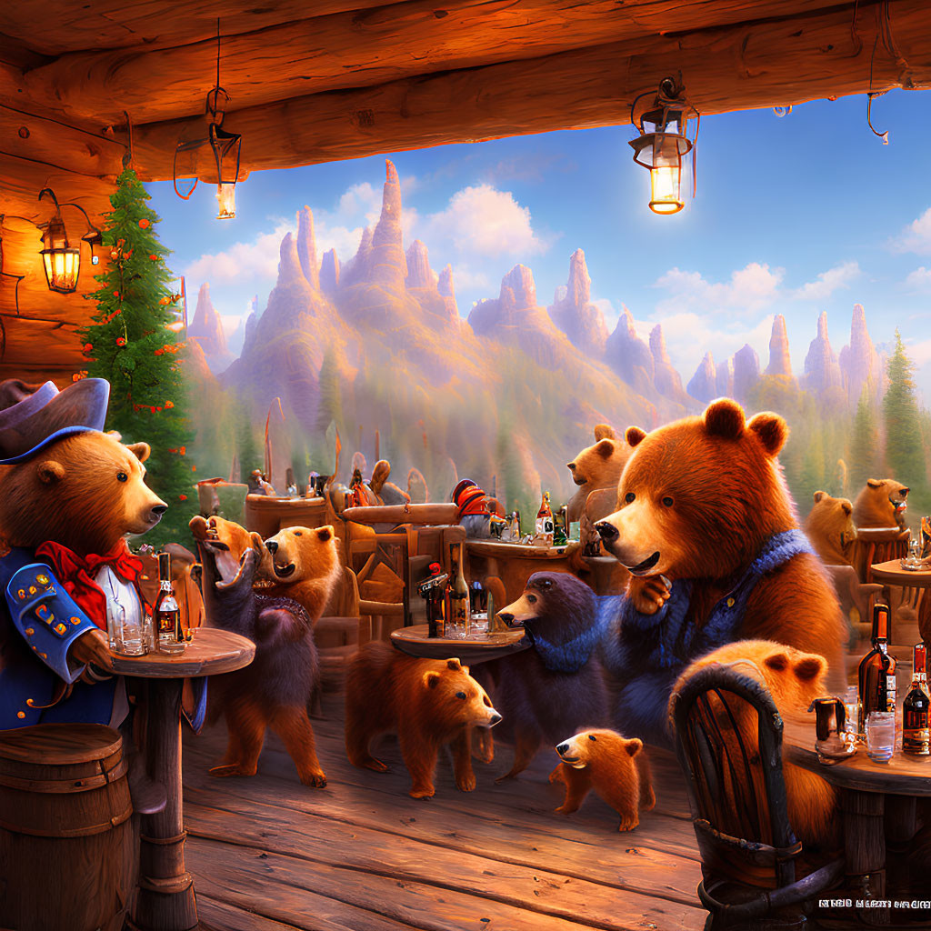 Anthropomorphic bears at lively outdoor tavern with mountain view