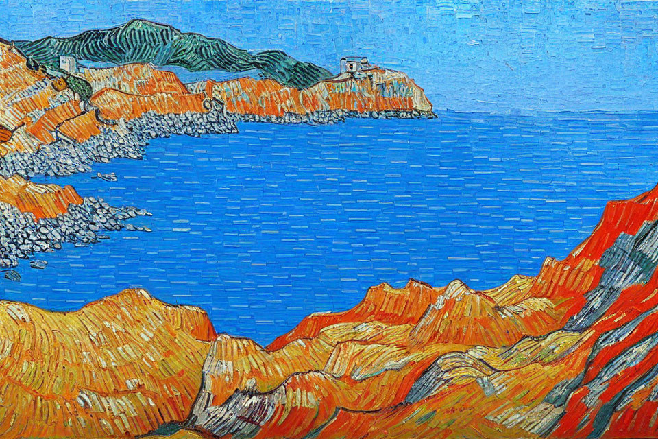 Colorful coastal landscape painting with blue sea and orange cliffs