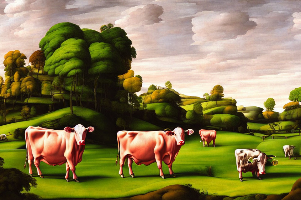 Surreal painting: oversized pink cows in green landscape