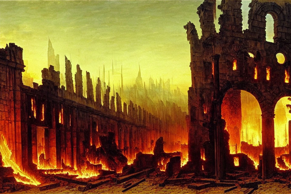 Fantastical painting of a burning city with collapsed structures and blazing fires