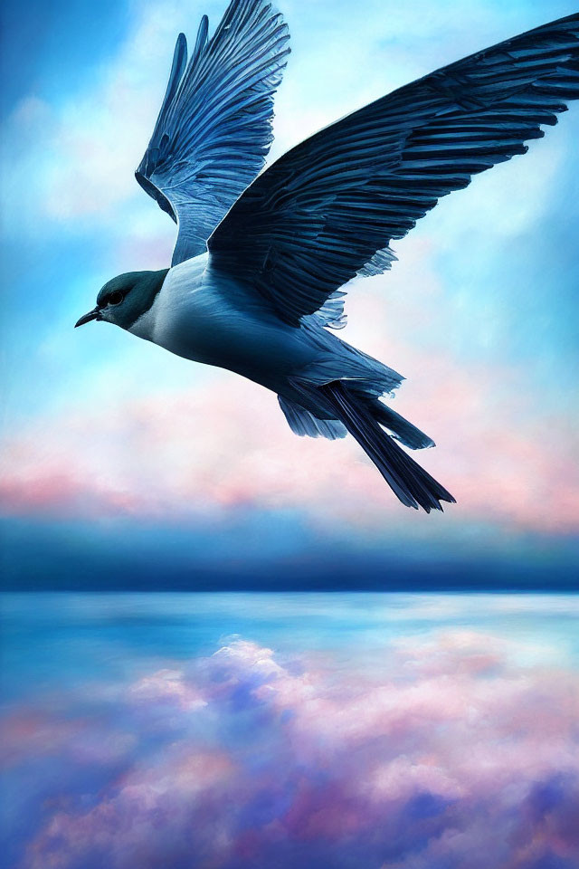 Seagull soaring in serene pastel sky with fully extended wings