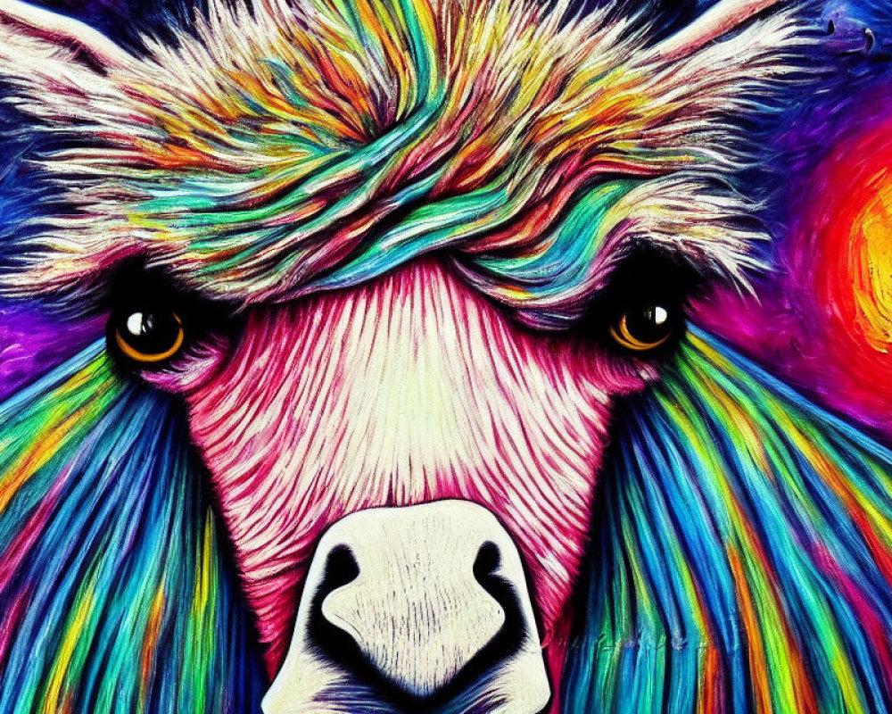 Colorful llama painting with swirling patterns and rainbow hues