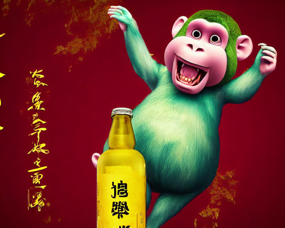 Colorful Cartoon Monkey Holding Chinese Text Bottle on Red Background