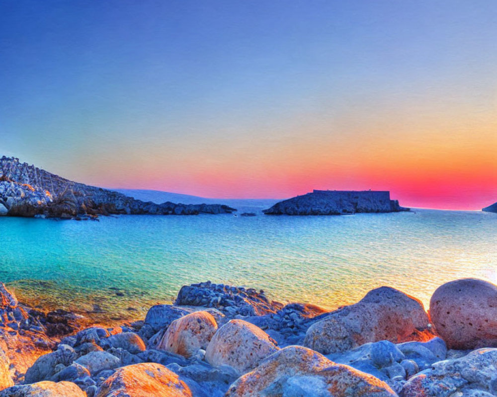 Tranquil sunset seascape with rocky shore and distant fortification