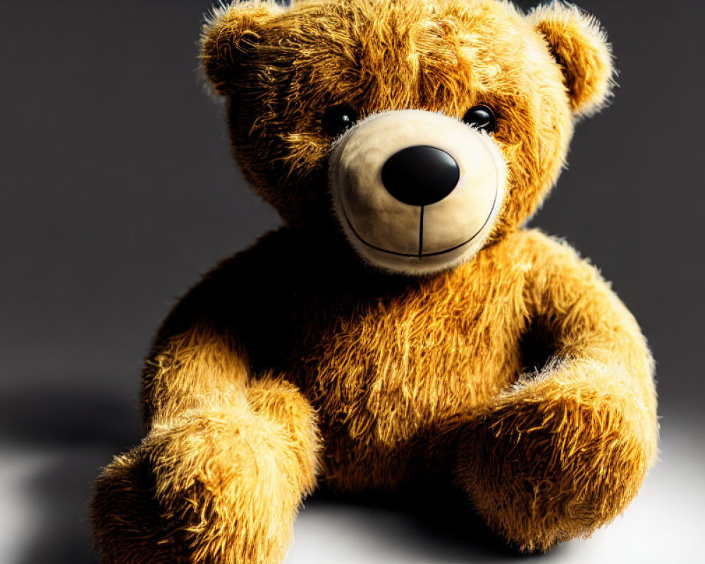 Brown Teddy Bear with Black Nose on Gray Background under Dramatic Lighting