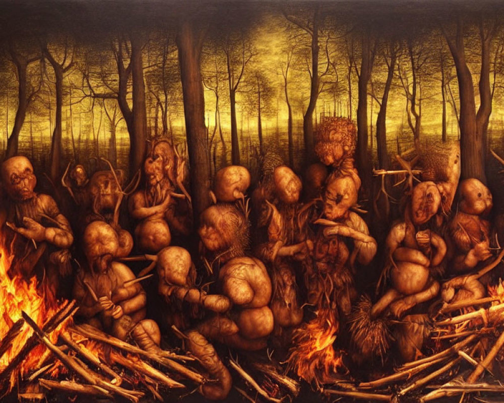 Surreal anthropomorphic figures in forest with bonfire & eerie forms