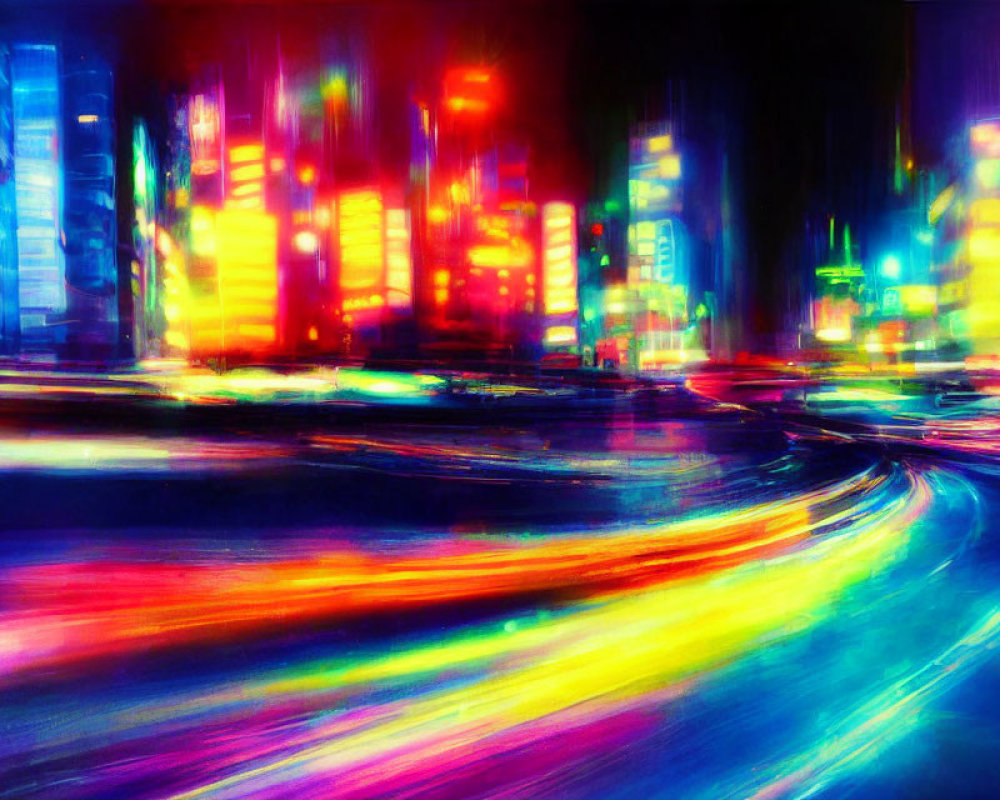 Colorful Abstract Cityscape with Neon Lights and Blurred Reflections