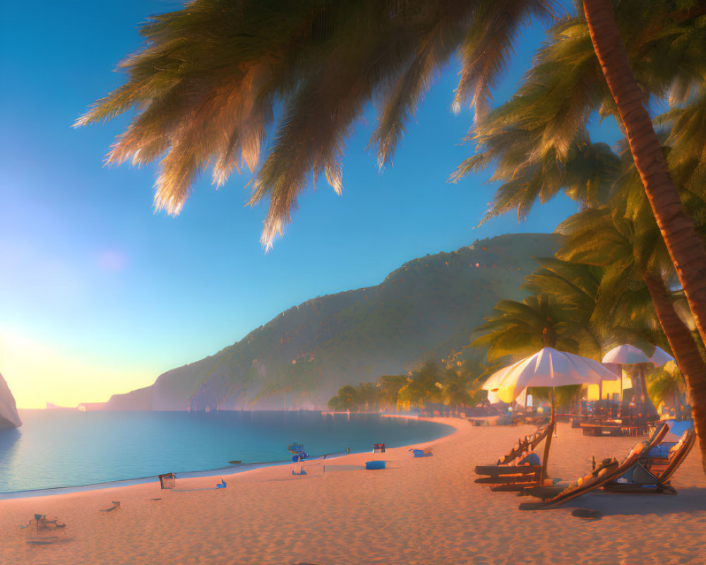 Tranquil sunset beach scene with palm trees, white sand, beach chairs, surfboard, and