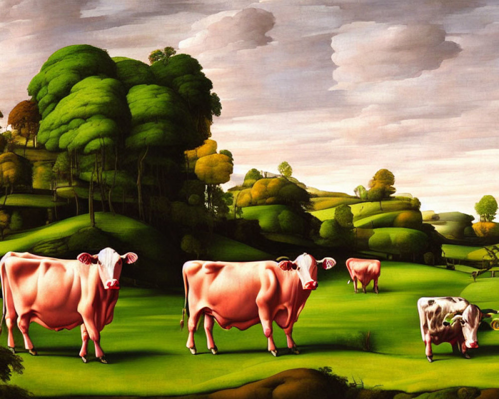 Surreal painting: oversized pink cows in green landscape