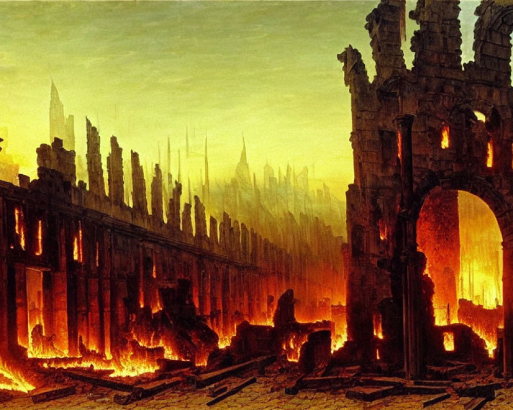 Fantastical painting of a burning city with collapsed structures and blazing fires