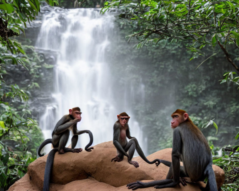 Three monkeys on rock with lush waterfall and foliage