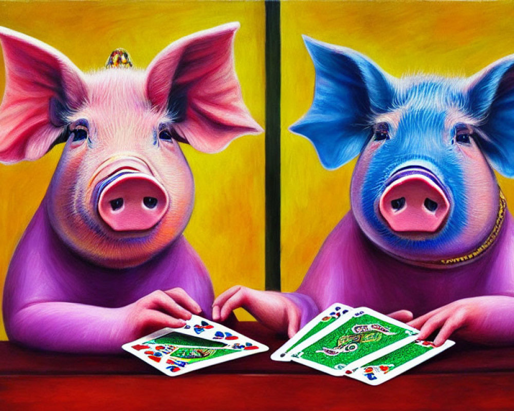 Two animated pigs in purple clothes playing cards at a table on yellow and red background