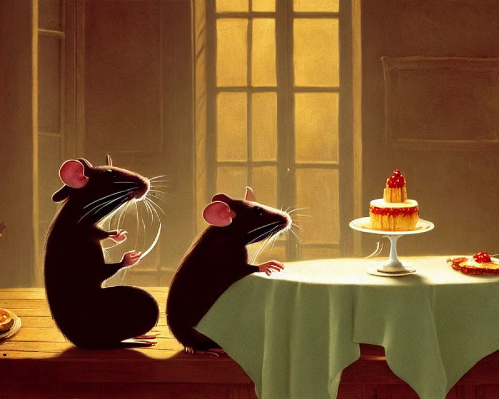 Two animated mice in a sunlit room with a small cake on a table.