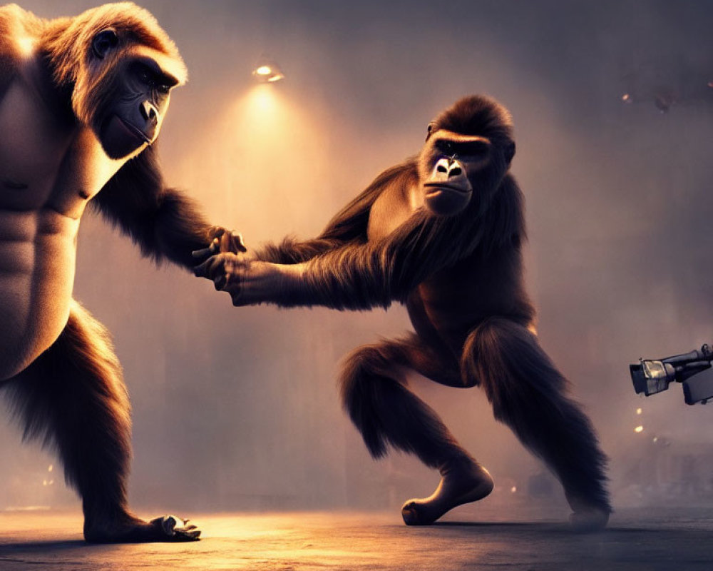 Animated gorillas in dramatic pose in smoky setting