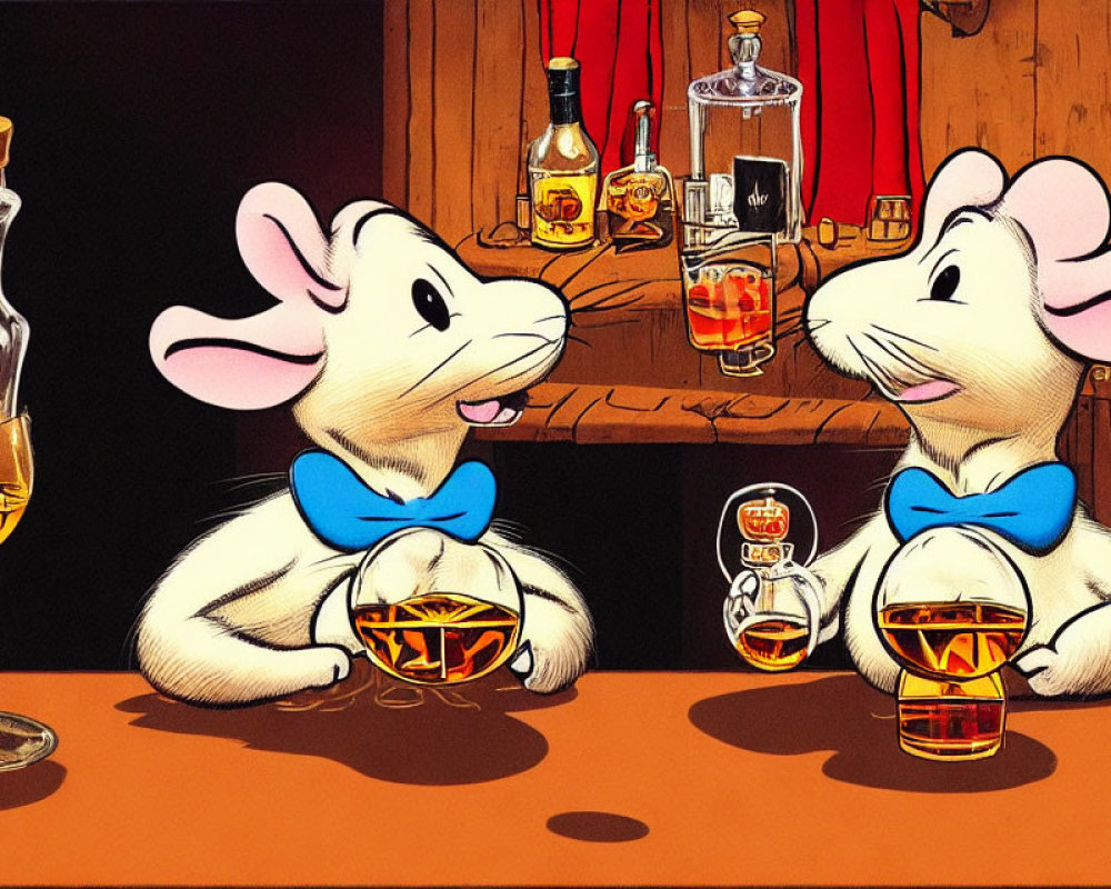 Cartoon mice in bow ties at bar with whiskey bottle and glasses