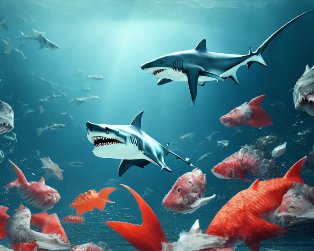 Ocean underwater scene with two sharks and red-tailed fish swimming among sunlight.