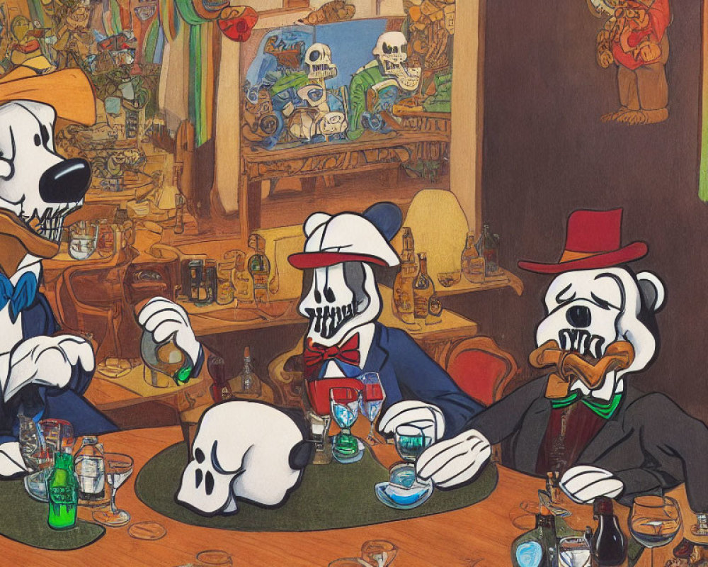 Anthropomorphic dog characters in formal wear at a lively bar scene.