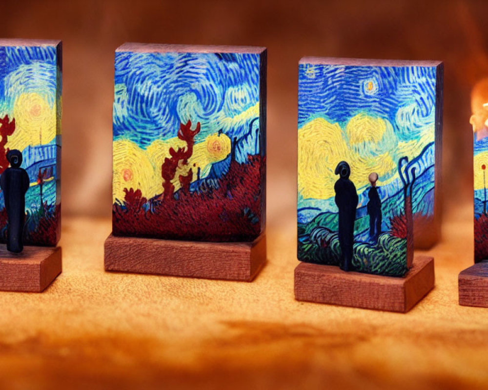 Wooden blocks with miniature silhouettes of figures in poses from "Starry Night