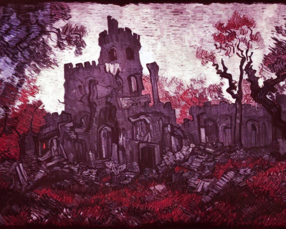 Stylized textured image: Gothic castle ruins in red foliage under stormy sky