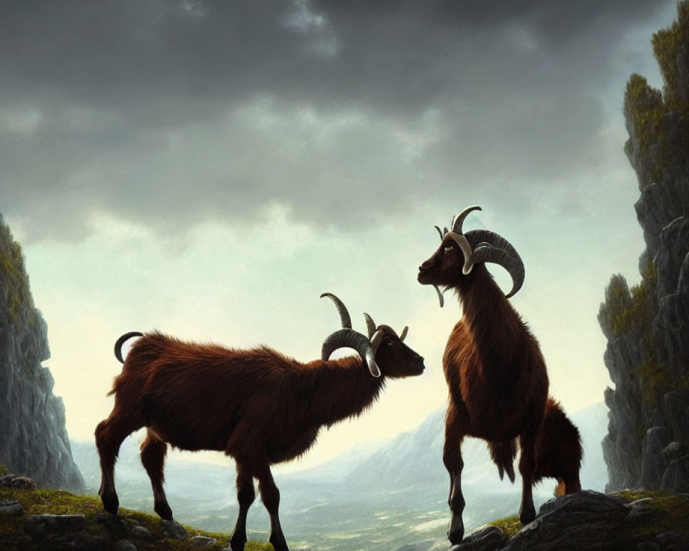 Majestic goats with curved horns on rocky ledge under dramatic sky