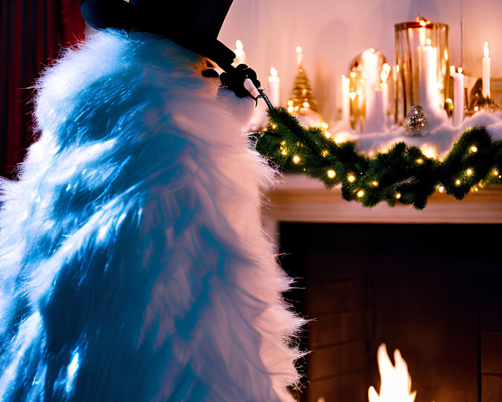 Person in white feathery outfit by festive fireplace