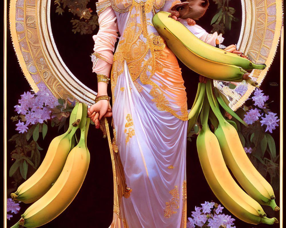 Surreal woman in elaborate dress with monkey and bananas amidst purple flowers on dark background