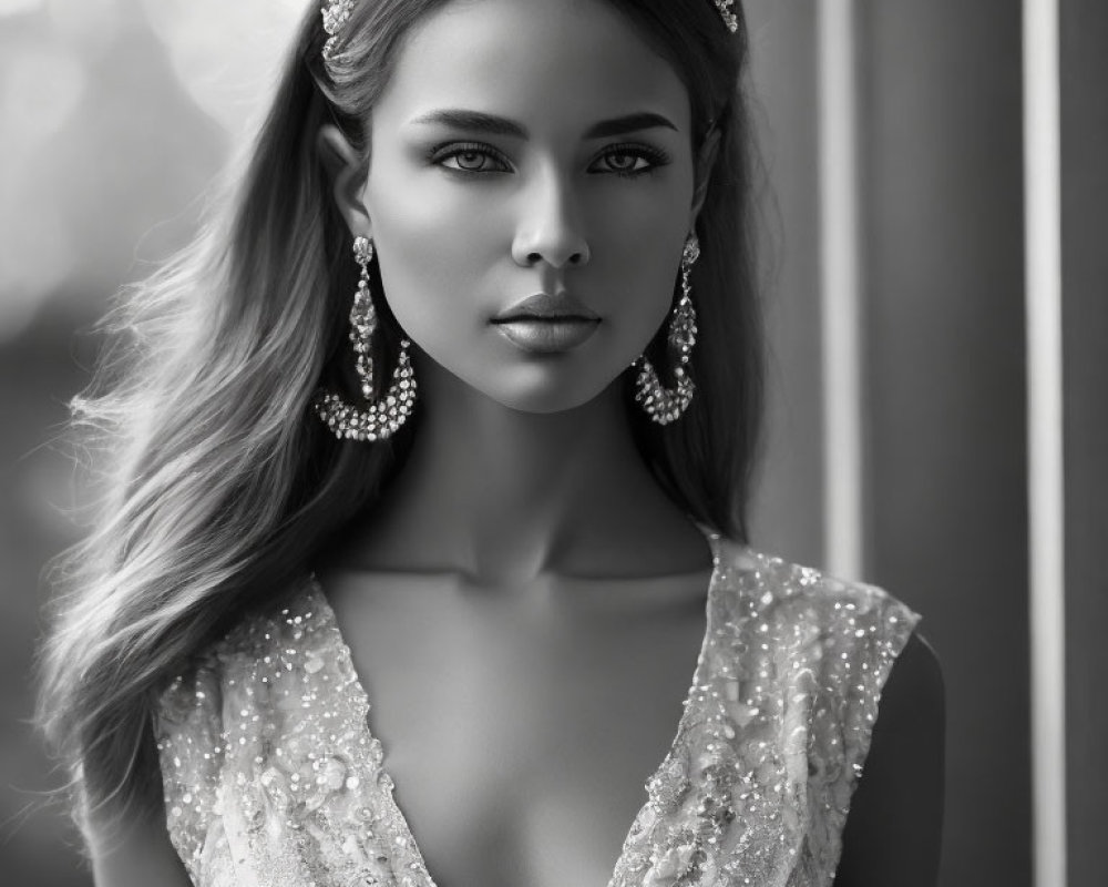 Elegant monochrome portrait of woman in detailed v-neck dress