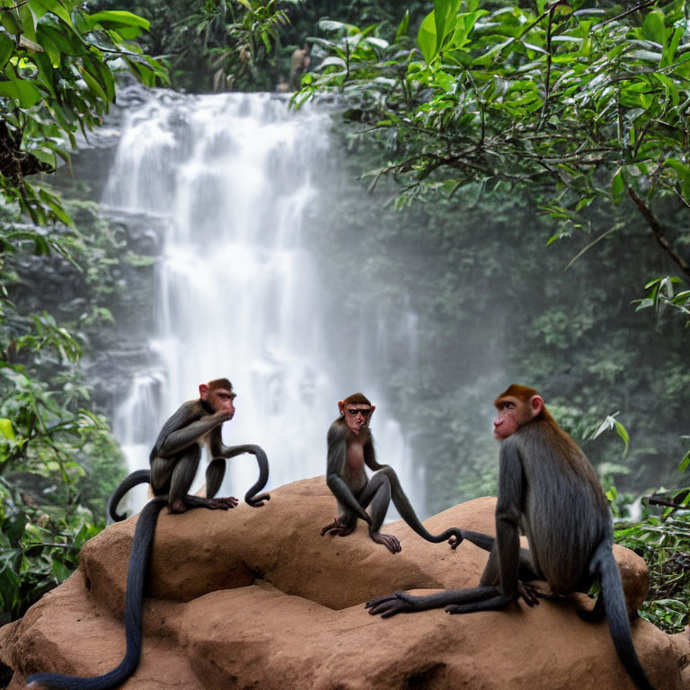 Three monkeys on rock with lush waterfall and foliage