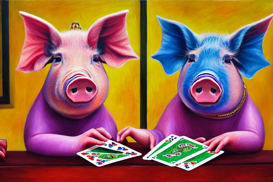 Two animated pigs in purple clothes playing cards at a table on yellow and red background