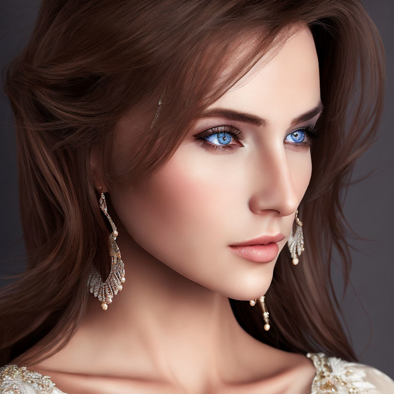 Portrait of Woman with Striking Blue Eyes and Elegant Earrings