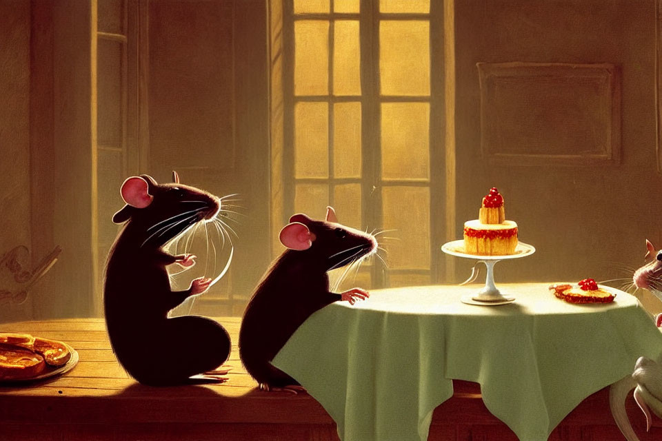 Two animated mice in a sunlit room with a small cake on a table.