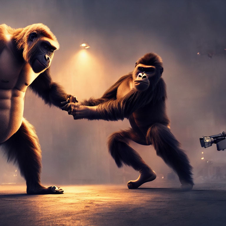 Animated gorillas in dramatic pose in smoky setting