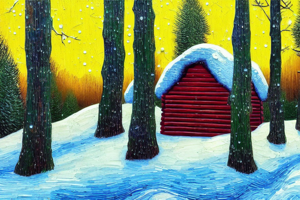 Snow-covered red cabin in forest with falling snowflakes