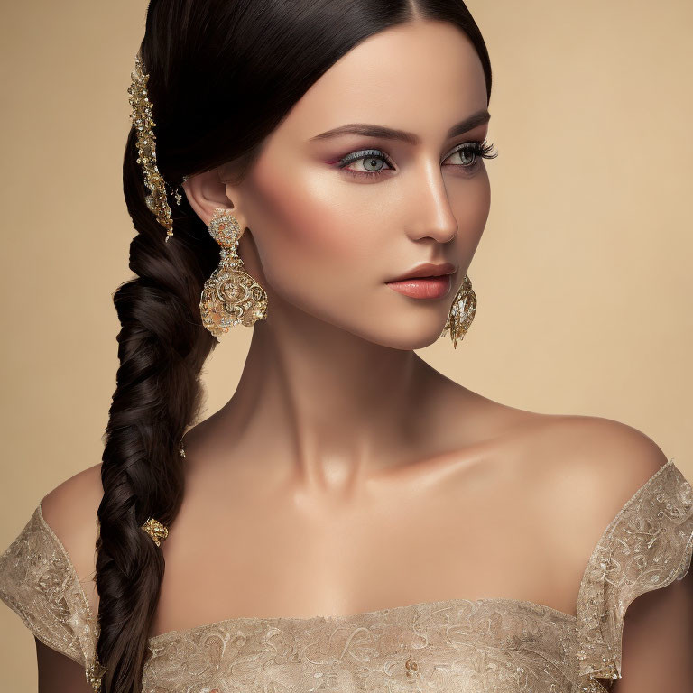 Woman with sleek braid, ornate earrings, makeup, lace dress on beige background