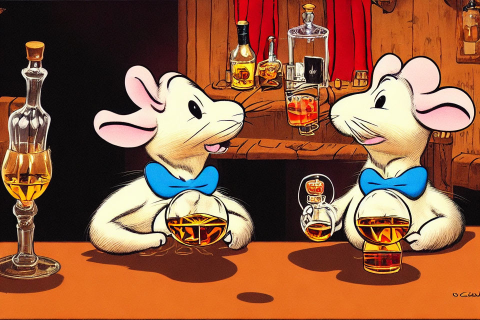 Cartoon mice in bow ties at bar with whiskey bottle and glasses