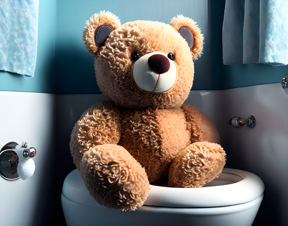 Teddy bear sitting on open toilet in bathroom scene