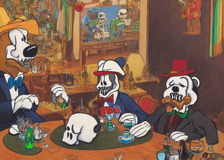 Anthropomorphic dog characters in formal wear at a lively bar scene.