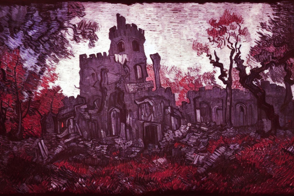 Stylized textured image: Gothic castle ruins in red foliage under stormy sky