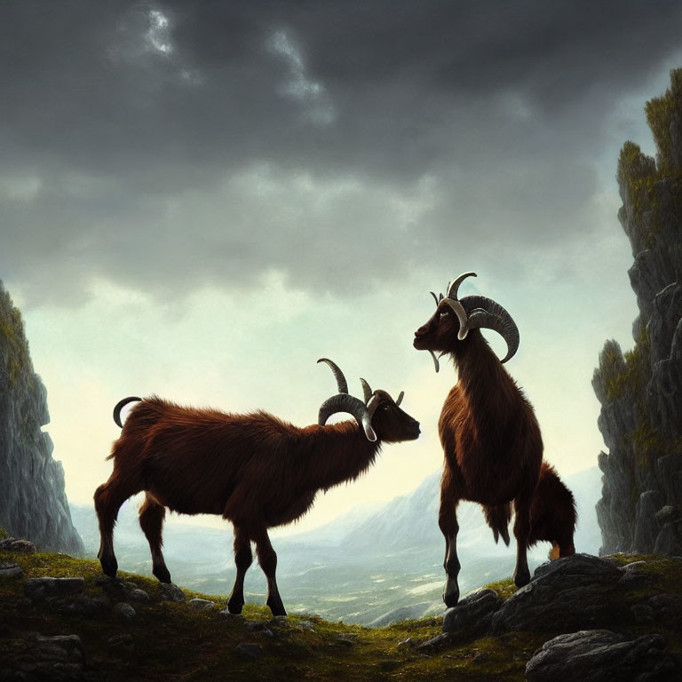 Majestic goats with curved horns on rocky ledge under dramatic sky