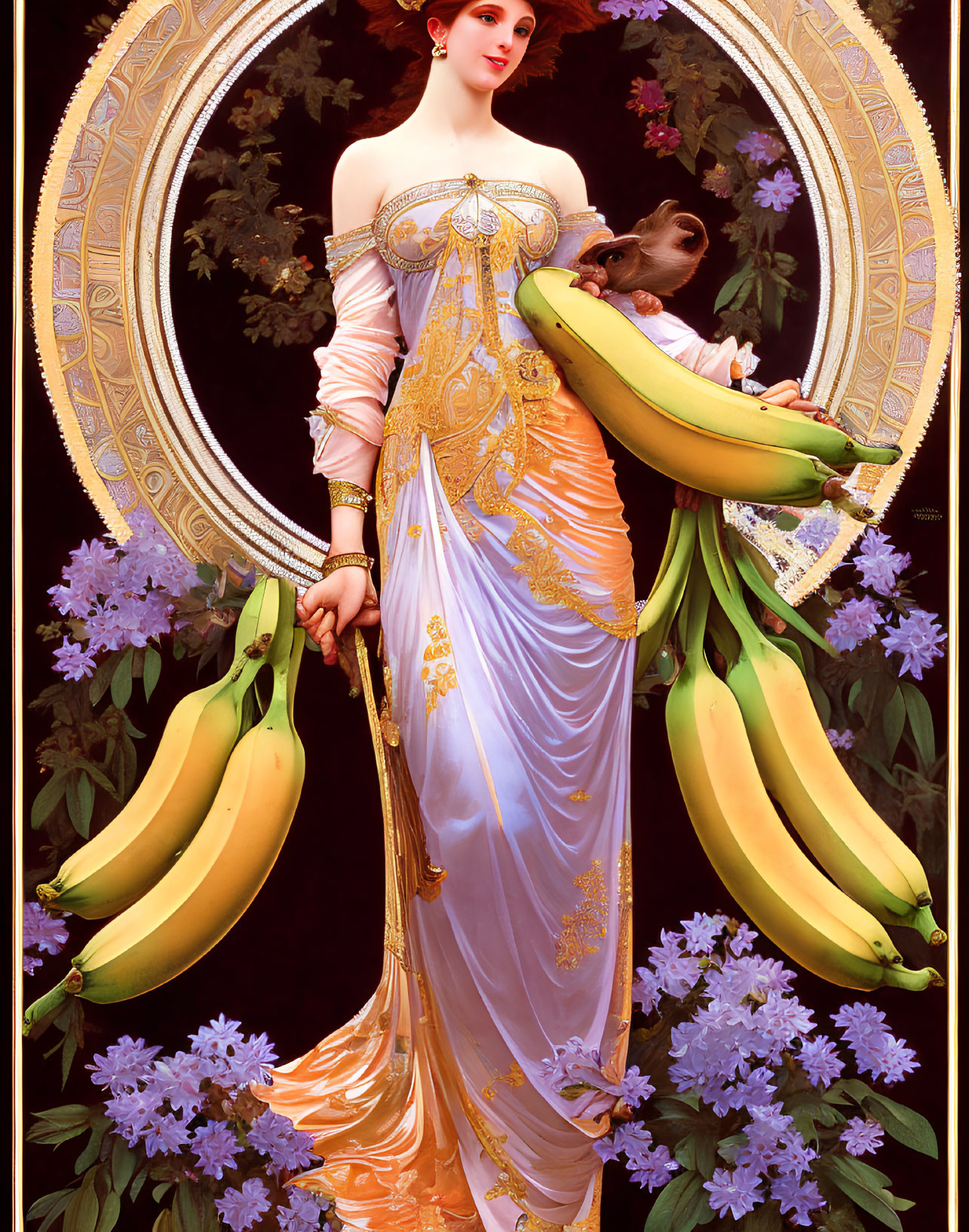 Surreal woman in elaborate dress with monkey and bananas amidst purple flowers on dark background