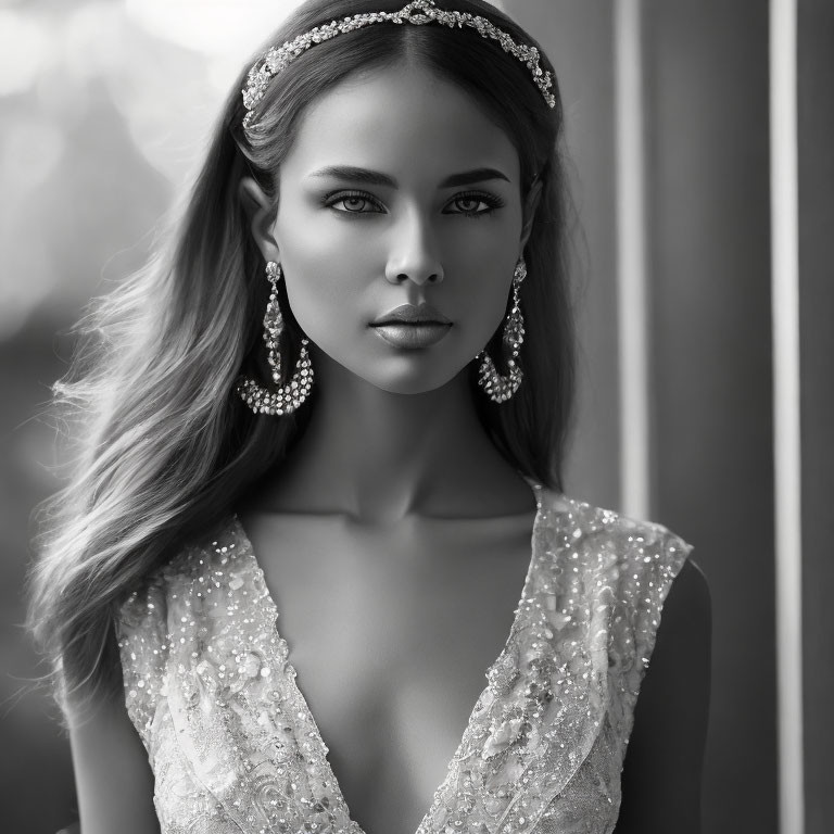 Elegant monochrome portrait of woman in detailed v-neck dress