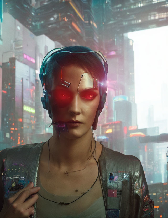 Cybernetic-enhanced individual with glowing red eyes in futuristic cityscape