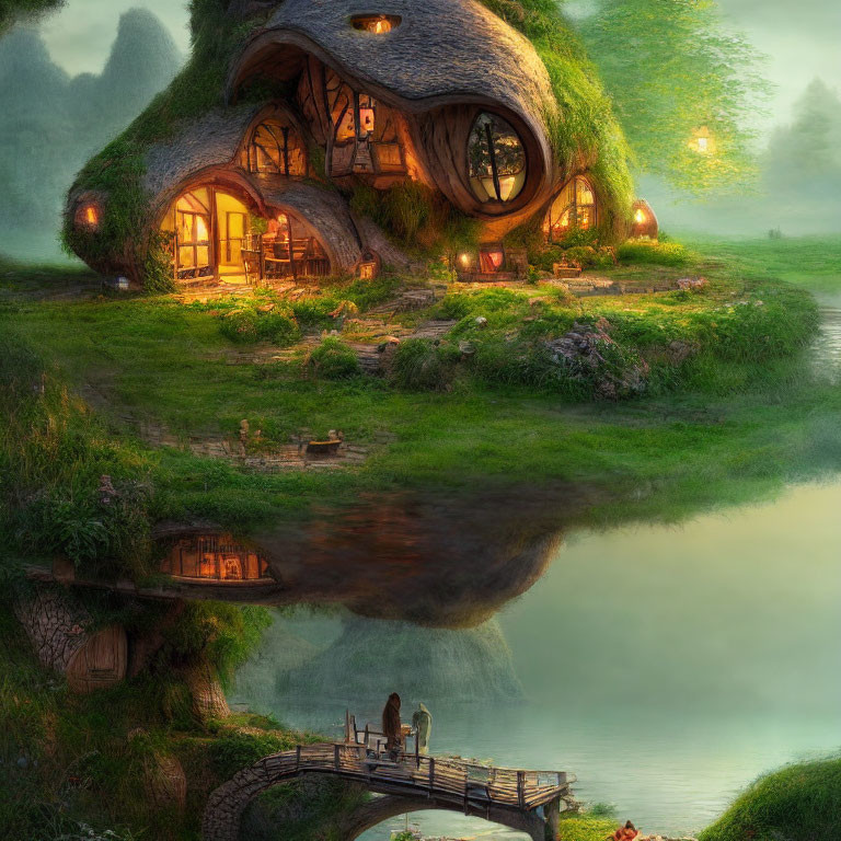 Fantasy cottage with round doors and windows surrounded by lush greenery and reflected in a tranquil pond at