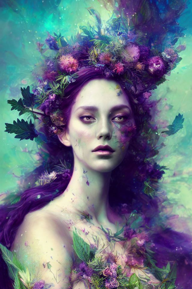 Woman with floral headpiece and purple hair in front of moody green and purple floral backdrop