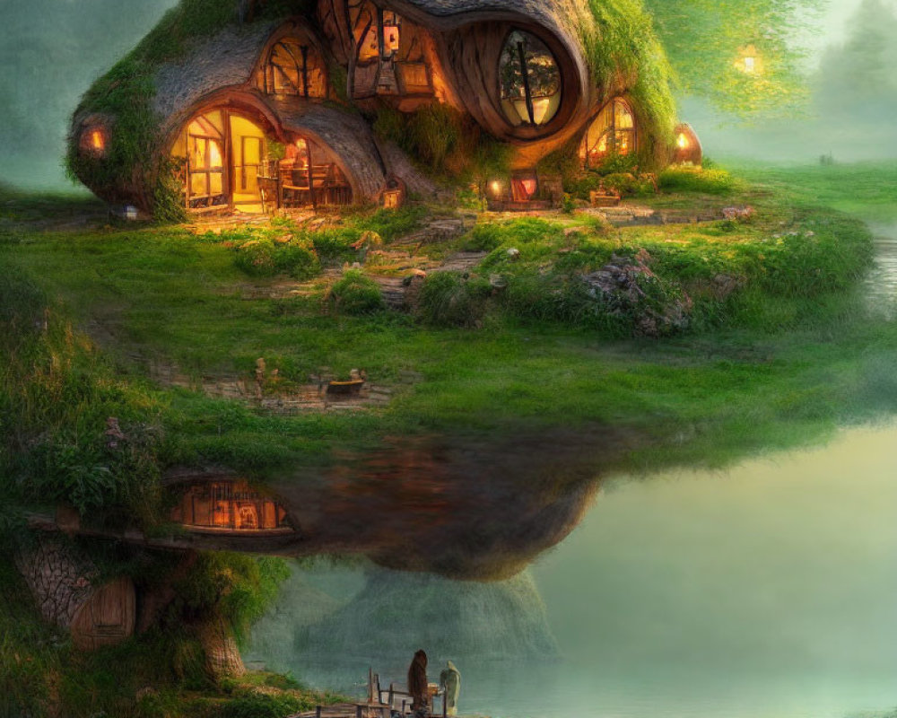 Fantasy cottage with round doors and windows surrounded by lush greenery and reflected in a tranquil pond at