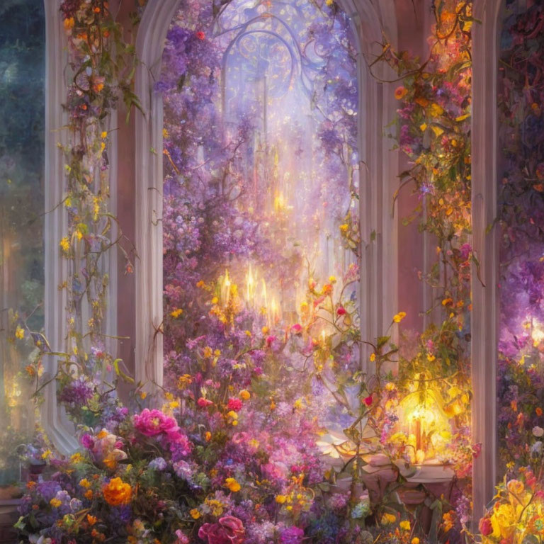 Enchanted overgrown garden with vibrant flowers and twinkling lights in a Gothic archway