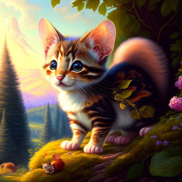 Whimsical oversized kitten in fairy-tale forest at sunrise/sunset