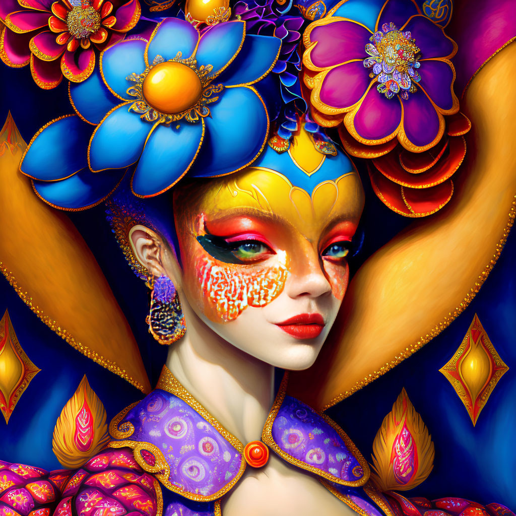 Colorful person with yellow and red face paint and floral costume on blue background