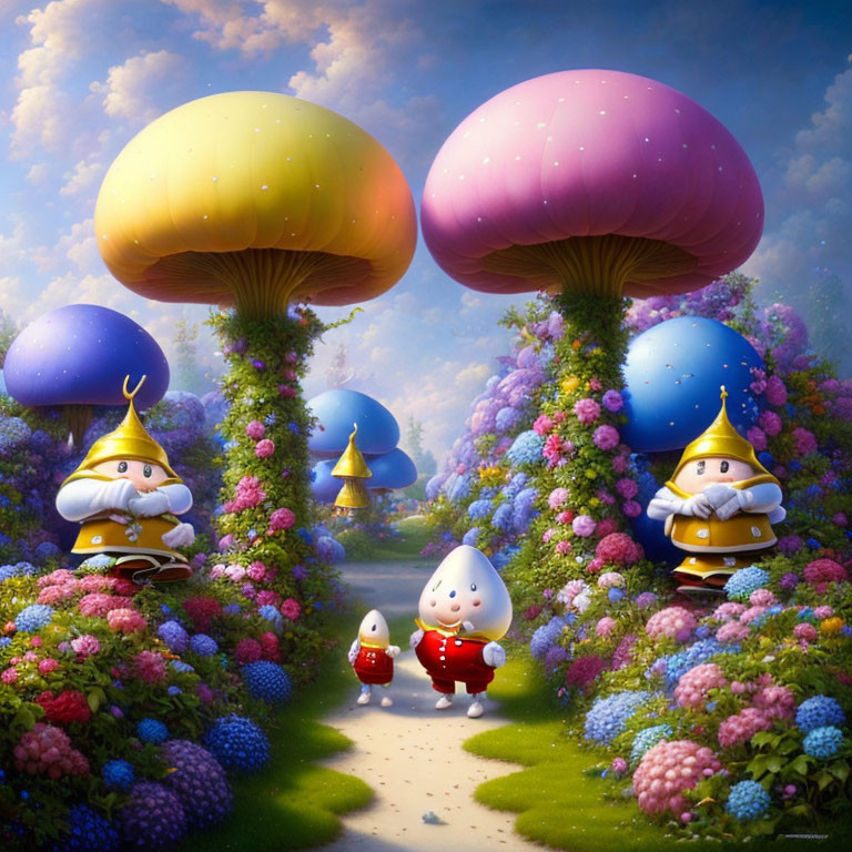 Whimsical characters in vibrant floral landscape